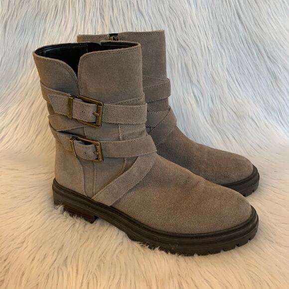 Vince Camuto Belisha 2 Suede Ankle Boot Mid Calf Taupe Moto Buckle Boots, 7.5 - Picture 1 of 9